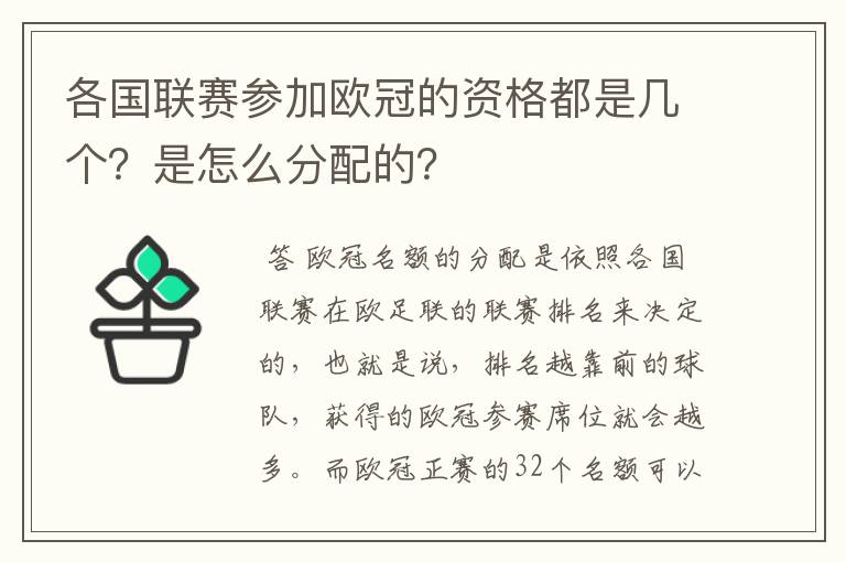 各国联赛参加欧冠的资格都是几个？是怎么分配的？