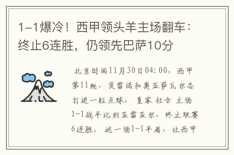 1-1爆冷！西甲领头羊主场翻车：终止6连胜，仍领先巴萨10分