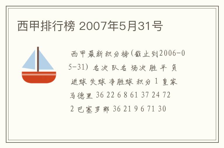 西甲排行榜 2007年5月31号