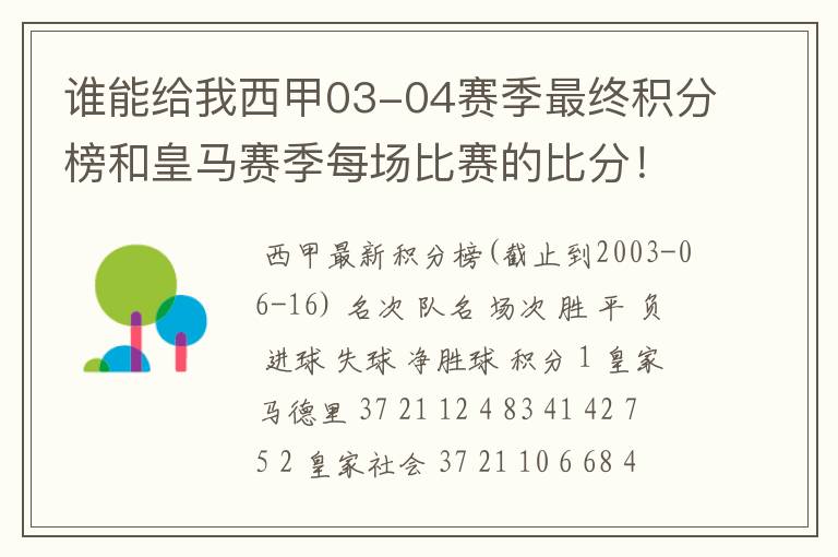 谁能给我西甲03-04赛季最终积分榜和皇马赛季每场比赛的比分！