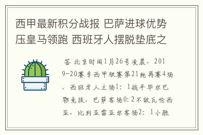 西甲最新积分战报 巴萨进球优势压皇马领跑 西班牙人摆脱垫底之位