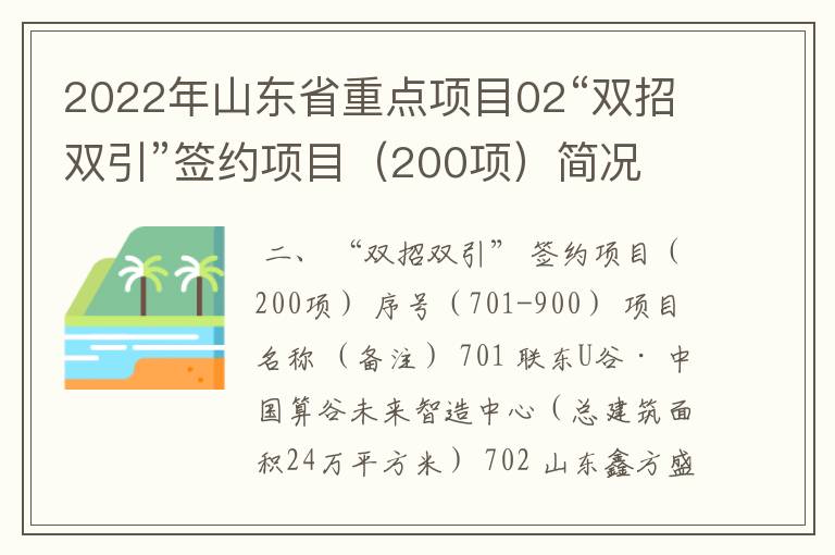 2022年山东省重点项目02“双招双引”签约项目（200项）简况