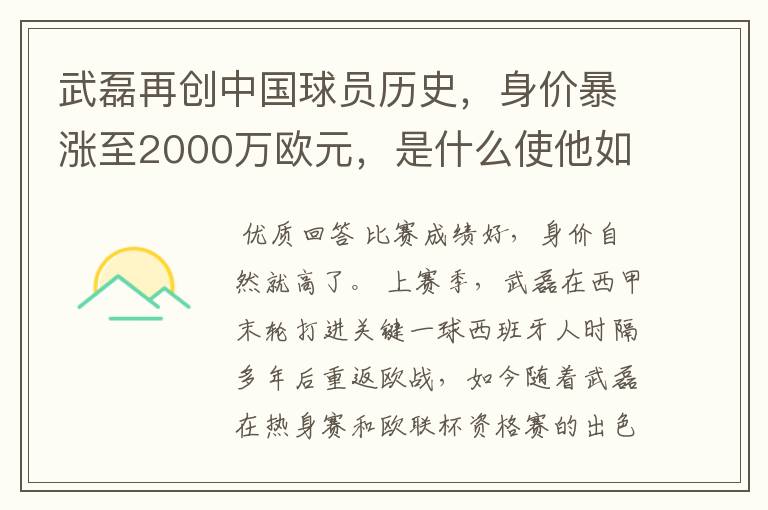 武磊再创中国球员历史，身价暴涨至2000万欧元，是什么使他如此值钱？