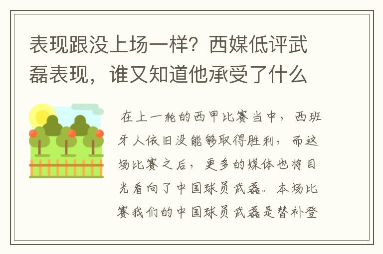 表现跟没上场一样？西媒低评武磊表现，谁又知道他承受了什么呢？