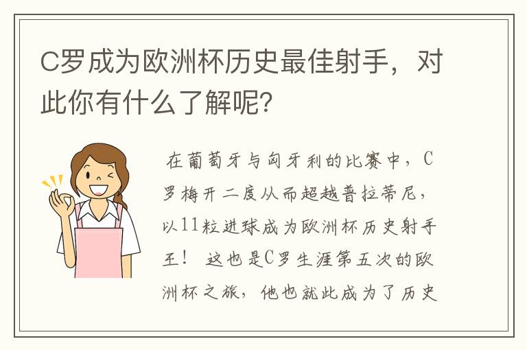 C罗成为欧洲杯历史最佳射手，对此你有什么了解呢？