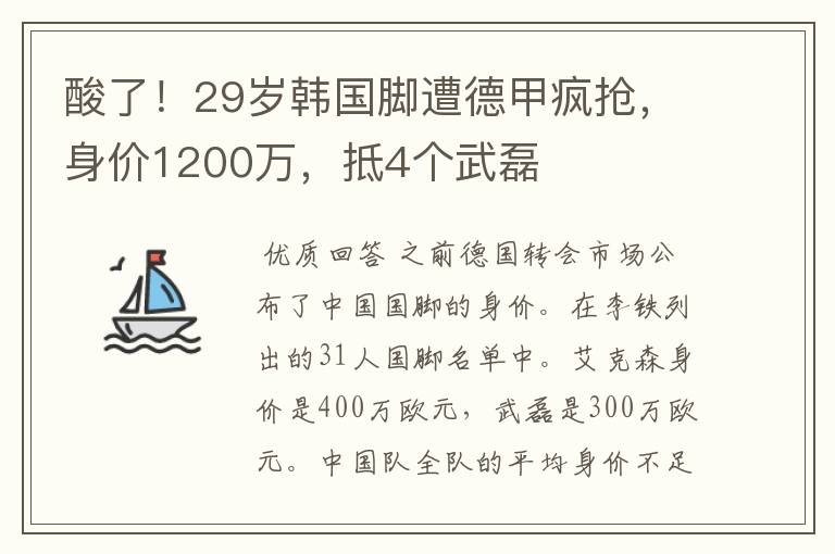 酸了！29岁韩国脚遭德甲疯抢，身价1200万，抵4个武磊