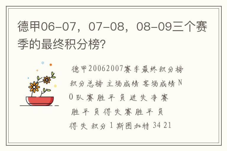 德甲06-07，07-08，08-09三个赛季的最终积分榜？