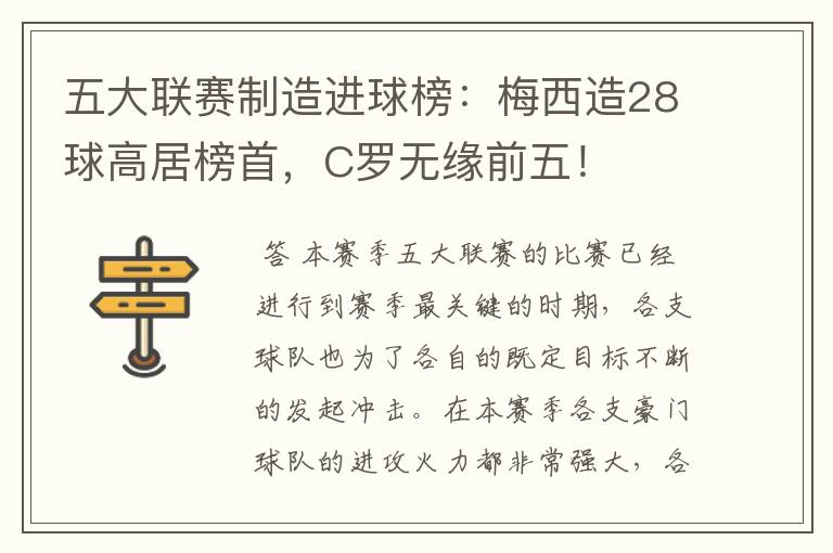 五大联赛制造进球榜：梅西造28球高居榜首，C罗无缘前五！