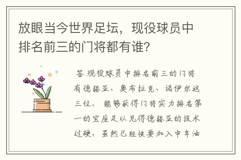 放眼当今世界足坛，现役球员中排名前三的门将都有谁？