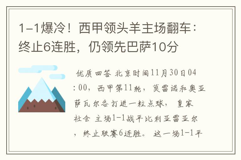 1-1爆冷！西甲领头羊主场翻车：终止6连胜，仍领先巴萨10分