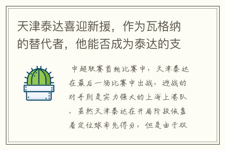 天津泰达喜迎新援，作为瓦格纳的替代者，他能否成为泰达的支点？