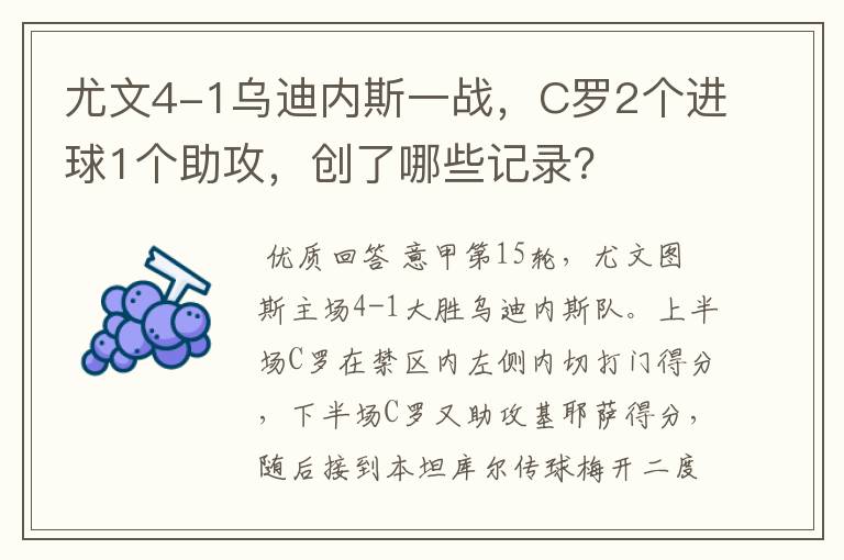 尤文4-1乌迪内斯一战，C罗2个进球1个助攻，创了哪些记录？