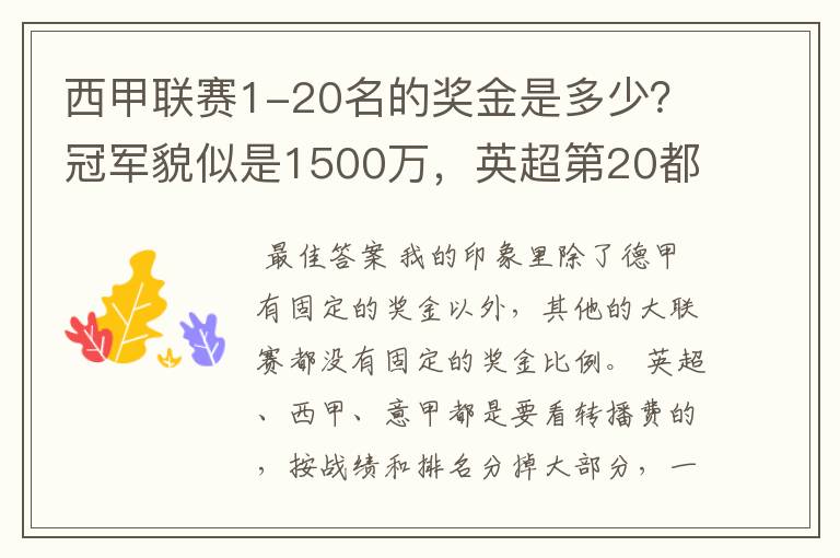 西甲联赛1-20名的奖金是多少？冠军貌似是1500万，英超第20都是4000万呀！