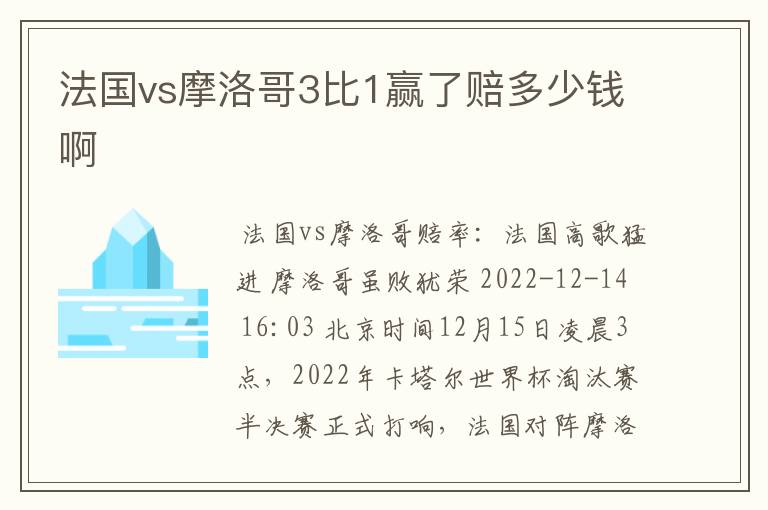 法国vs摩洛哥3比1赢了赔多少钱啊