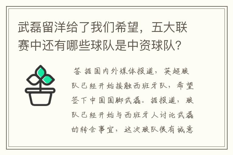 武磊留洋给了我们希望，五大联赛中还有哪些球队是中资球队？