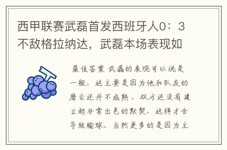 西甲联赛武磊首发西班牙人0：3不敌格拉纳达，武磊本场表现如何？