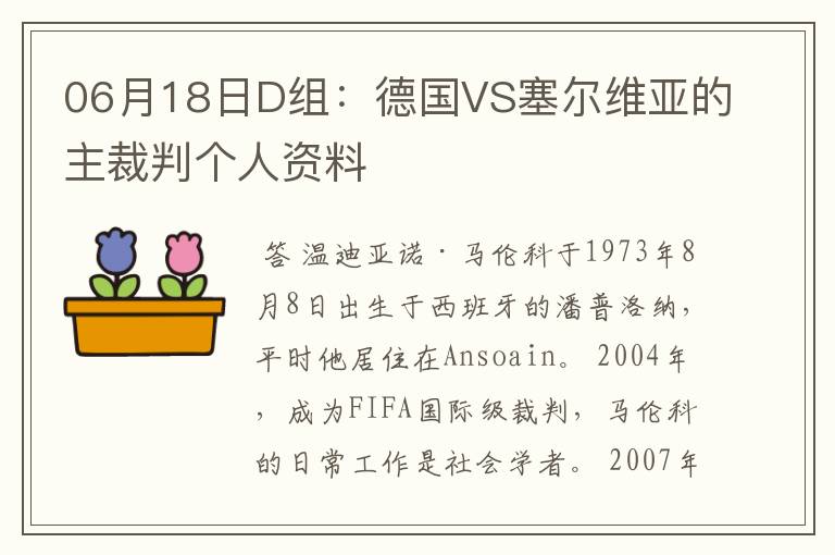 06月18日D组：德国VS塞尔维亚的主裁判个人资料