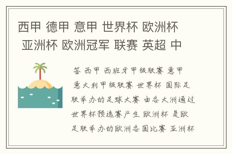 西甲 德甲 意甲 世界杯 欧洲杯 亚洲杯 欧洲冠军 联赛 英超 中超  分别是什么意思啊？