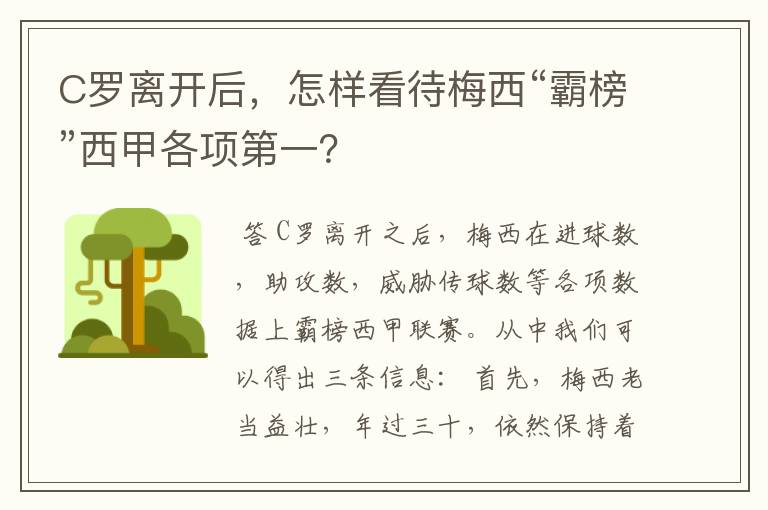 C罗离开后，怎样看待梅西“霸榜”西甲各项第一？