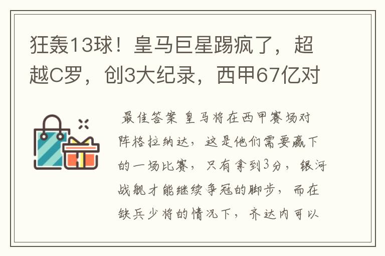 狂轰13球！皇马巨星踢疯了，超越C罗，创3大纪录，西甲67亿对决