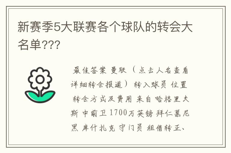 新赛季5大联赛各个球队的转会大名单???