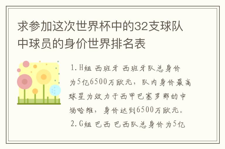 求参加这次世界杯中的32支球队中球员的身价世界排名表