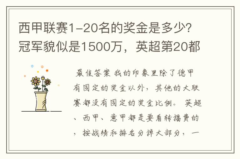 西甲联赛1-20名的奖金是多少？冠军貌似是1500万，英超第20都是4000万呀！