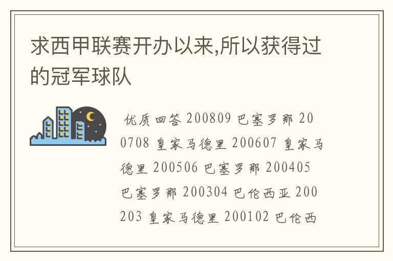 求西甲联赛开办以来,所以获得过的冠军球队