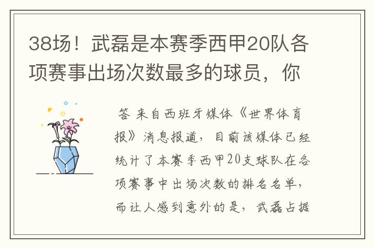 38场！武磊是本赛季西甲20队各项赛事出场次数最多的球员，你怎么看？