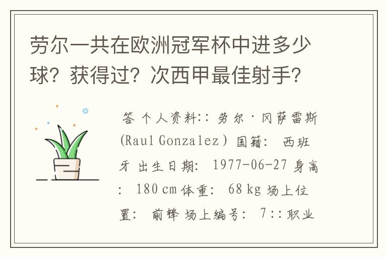 劳尔一共在欧洲冠军杯中进多少球？获得过？次西甲最佳射手？