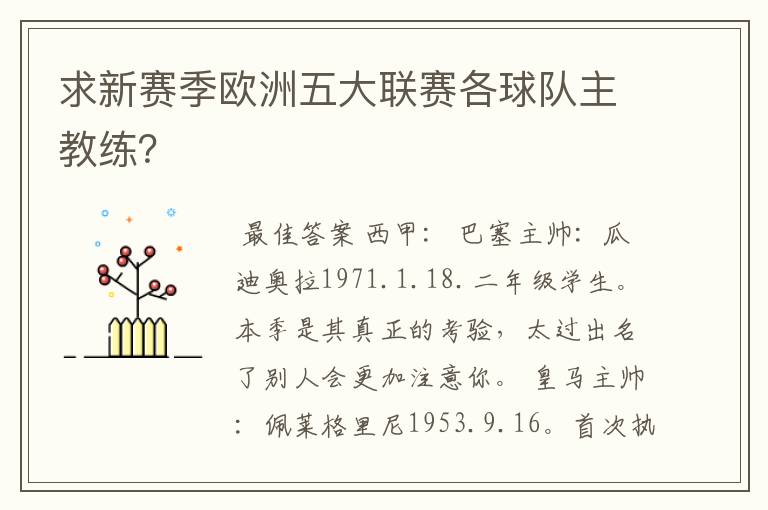 求新赛季欧洲五大联赛各球队主教练？