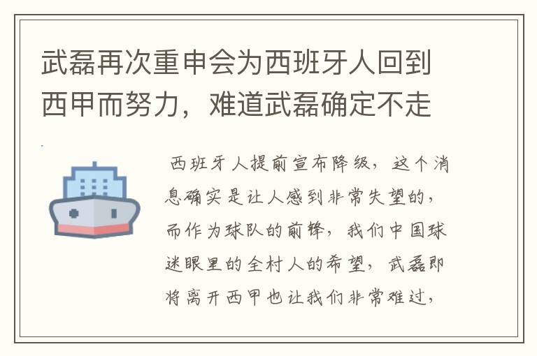 武磊再次重申会为西班牙人回到西甲而努力，难道武磊确定不走了？