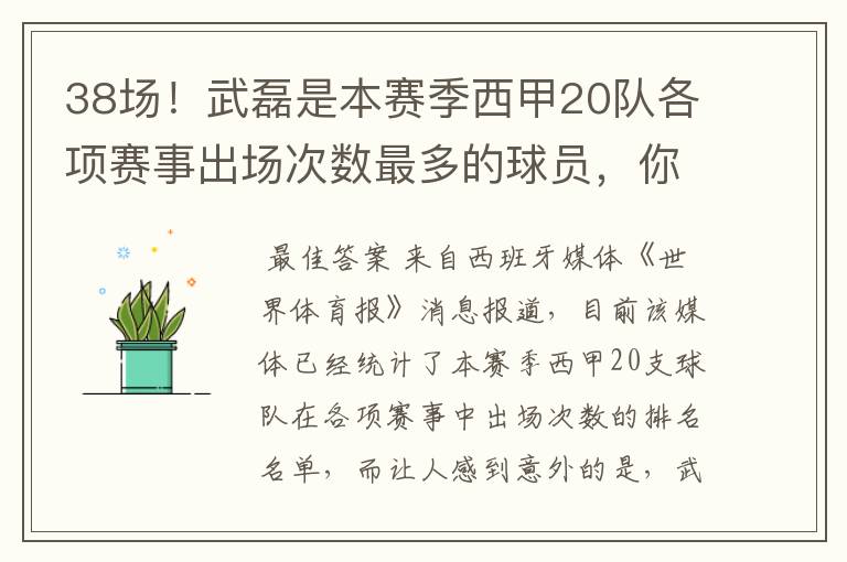 38场！武磊是本赛季西甲20队各项赛事出场次数最多的球员，你怎么看？