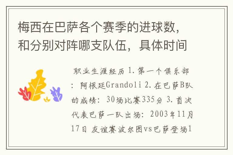 梅西在巴萨各个赛季的进球数，和分别对阵哪支队伍，具体时间，以及助攻数，反正越详细越好，非常感谢！