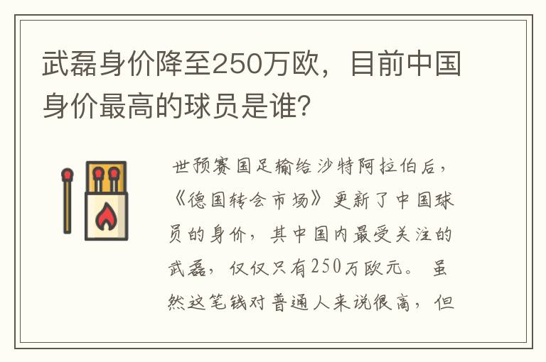 武磊身价降至250万欧，目前中国身价最高的球员是谁？