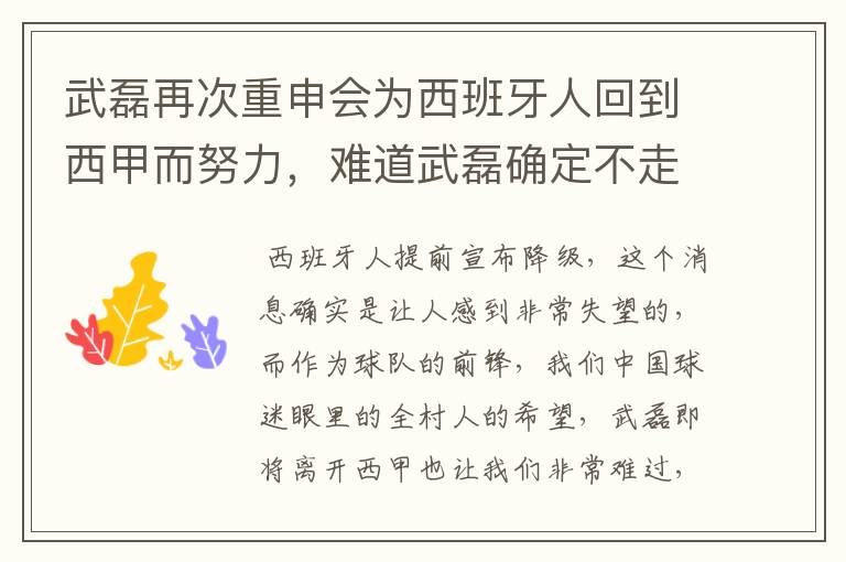 武磊再次重申会为西班牙人回到西甲而努力，难道武磊确定不走了？