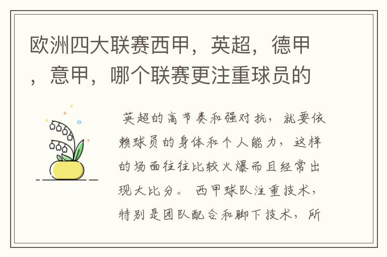 欧洲四大联赛西甲，英超，德甲，意甲，哪个联赛更注重球员的各种技术，哪个联赛更偏爱依赖身体的球员