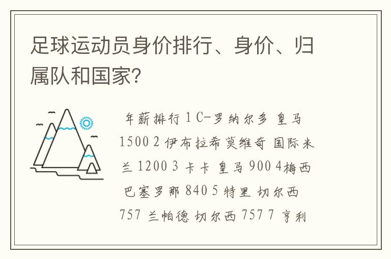 足球运动员身价排行、身价、归属队和国家？