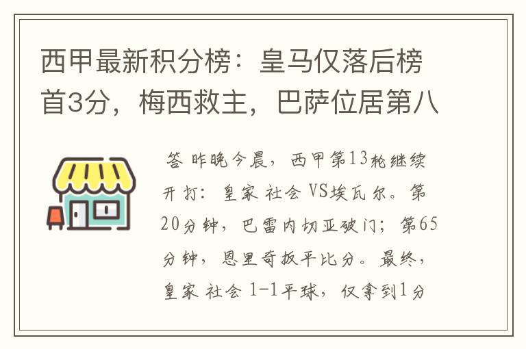 西甲最新积分榜：皇马仅落后榜首3分，梅西救主，巴萨位居第八