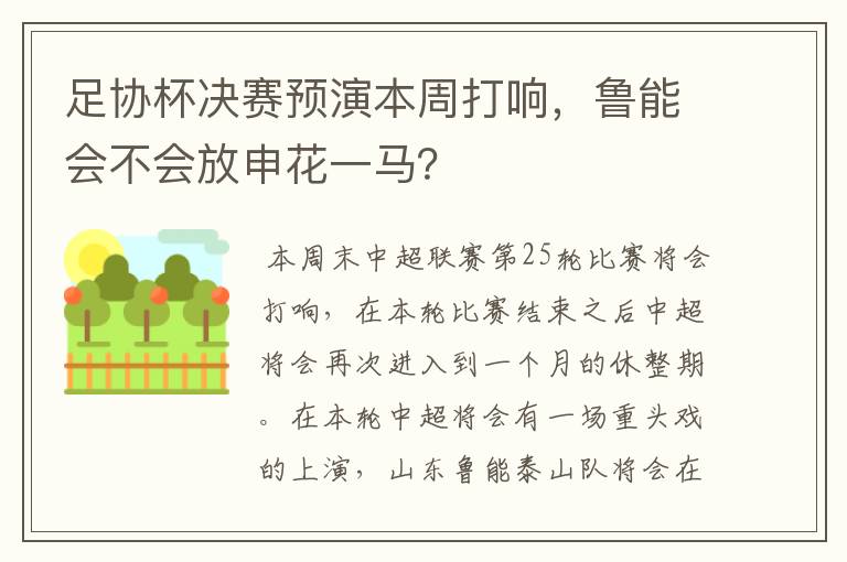 足协杯决赛预演本周打响，鲁能会不会放申花一马？