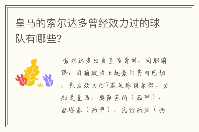 皇马的索尔达多曾经效力过的球队有哪些？