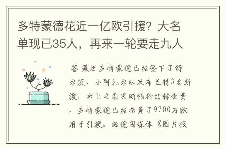 多特蒙德花近一亿欧引援？大名单现已35人，再来一轮要走九人