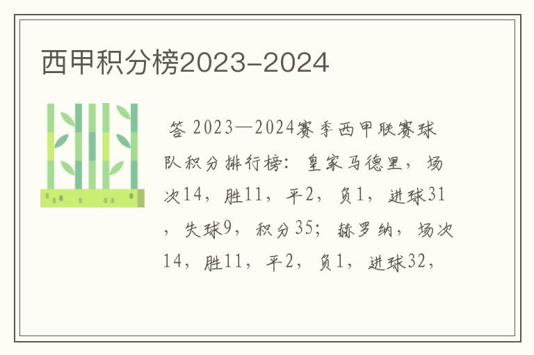 西甲积分榜2023-2024