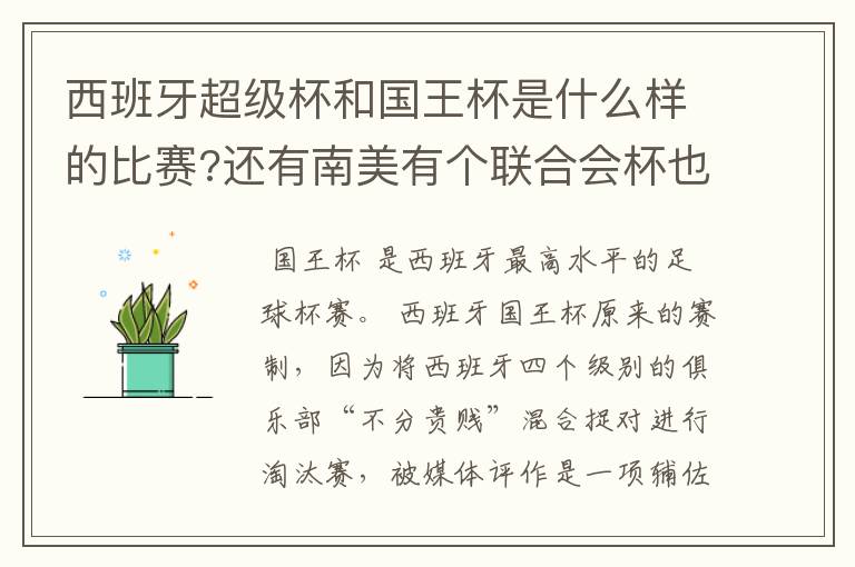 西班牙超级杯和国王杯是什么样的比赛?还有南美有个联合会杯也不知是怎样的