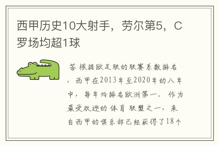 西甲历史10大射手，劳尔第5，C罗场均超1球