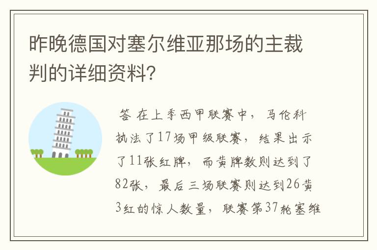 昨晚德国对塞尔维亚那场的主裁判的详细资料？