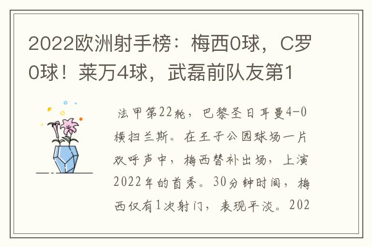 2022欧洲射手榜：梅西0球，C罗0球！莱万4球，武磊前队友第1