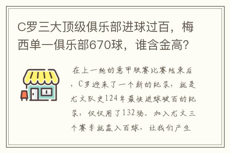 C罗三大顶级俱乐部进球过百，梅西单一俱乐部670球，谁含金高？