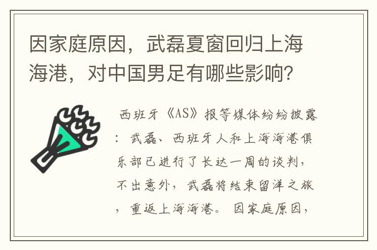 因家庭原因，武磊夏窗回归上海海港，对中国男足有哪些影响？