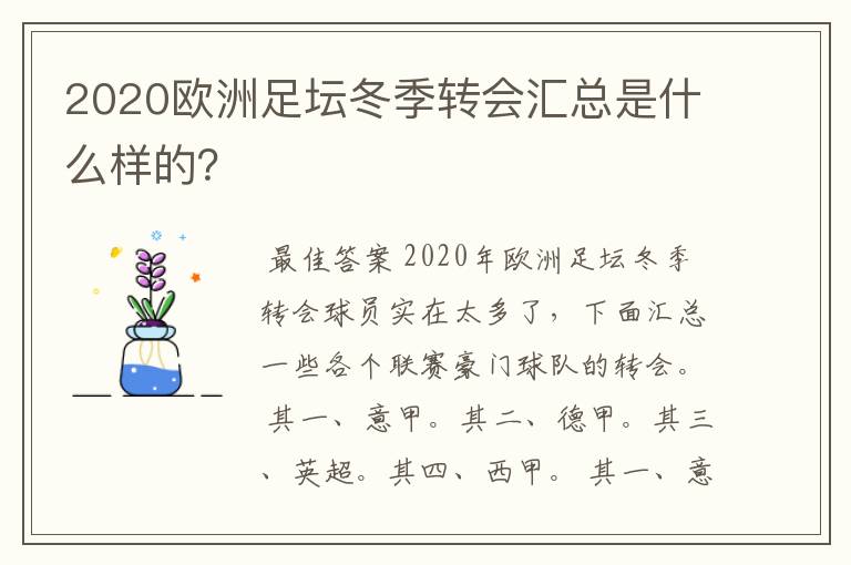 2020欧洲足坛冬季转会汇总是什么样的？